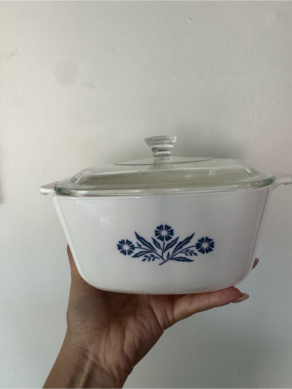 Corningware White Casserole with Blue Floral Motif and Glass Lid